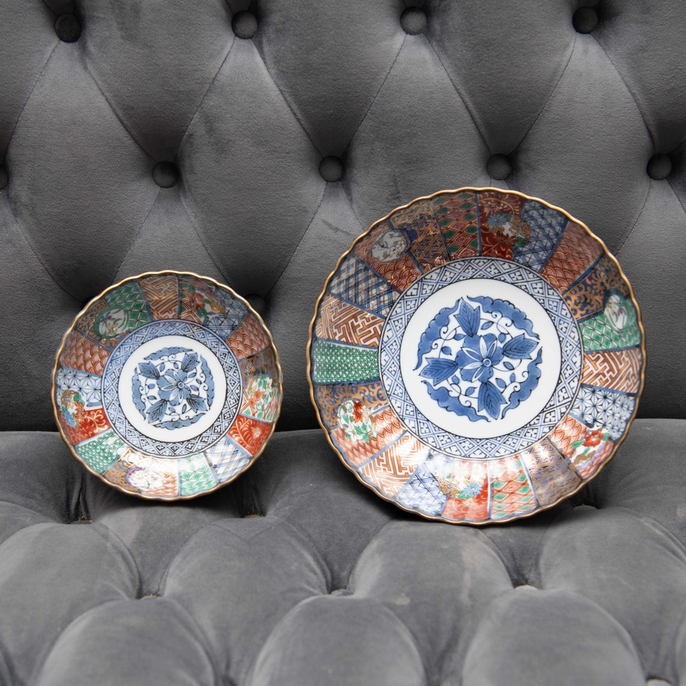 Japanese Imari VTG Porcelain Bowls Gold Scalloped Edge Asian Art Oriental Meiji
